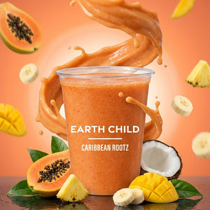 EARTH CHILD Caribbean Rootz smoothie cup with papaya, pineapple, mango, banana and coconut milk