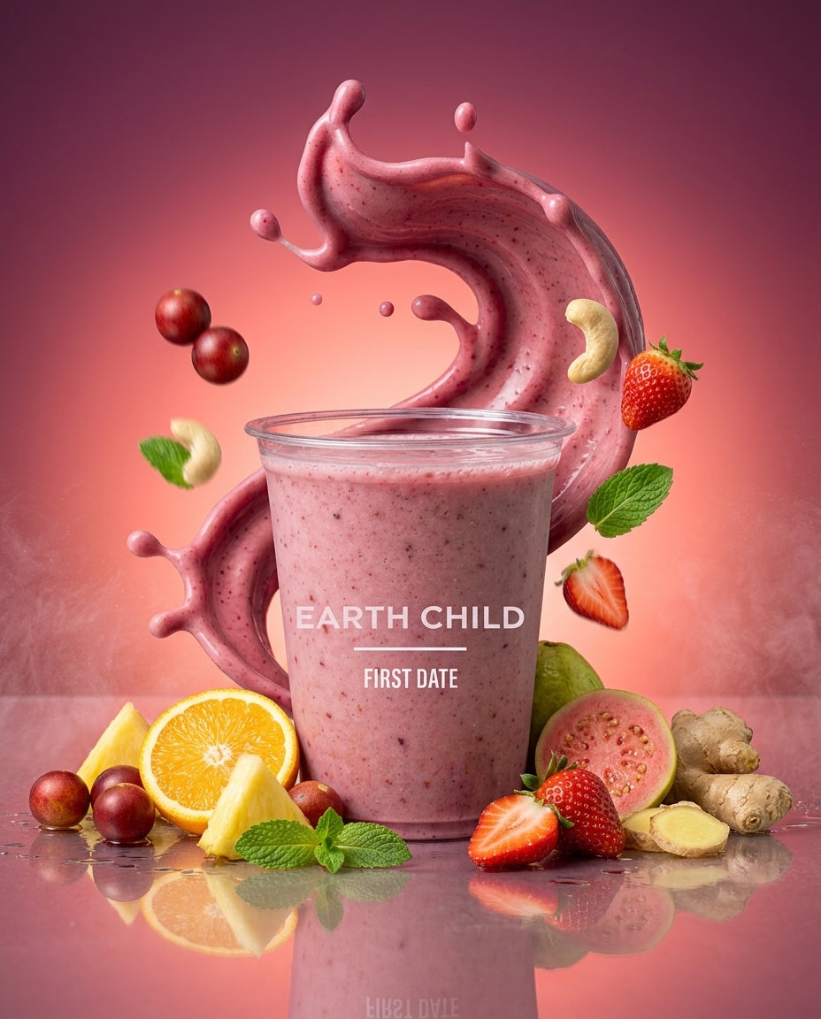 EARTH CHILD Camu Krush smoothie cup with camu camu, orange, pineapple, strawberry, guava and ginger