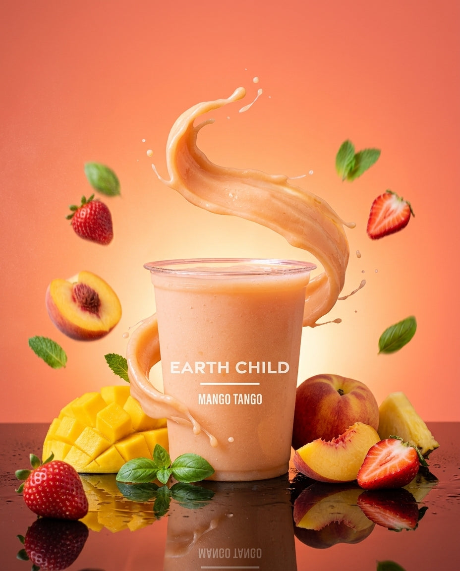 EARTH CHILD Mango Tango smoothie cup with mango, peach, pineapple, strawberry and almond milk